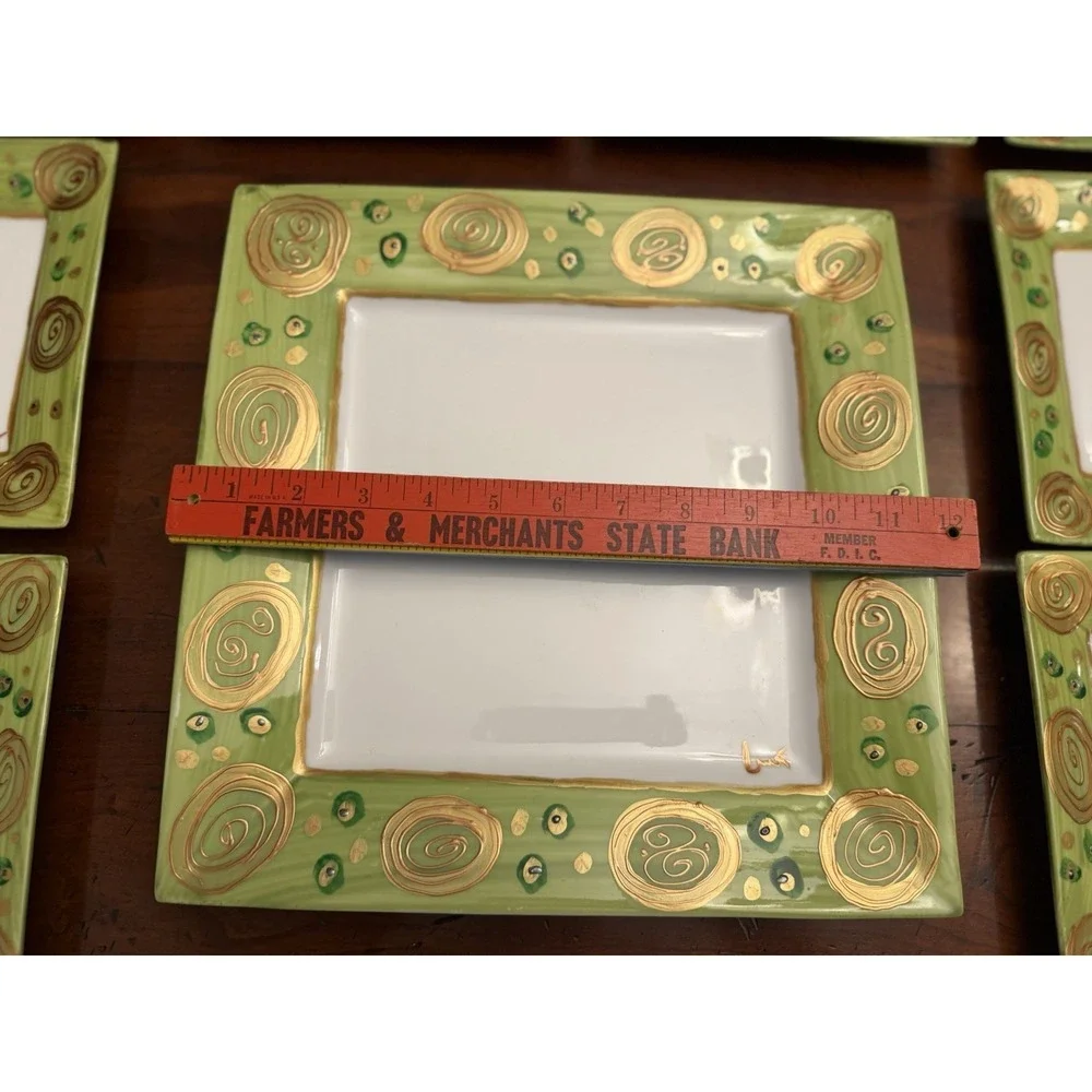 Vintage Mayfair & Jackson 9-Piece Square‎ Plate Set Green Metallic Gold Swirls